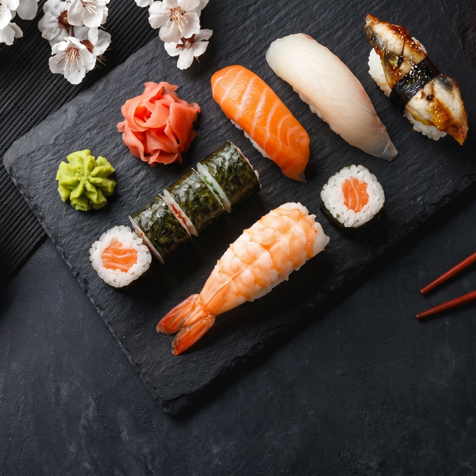 Assorted sushi, including salmon, shrimp, and eel, with wasabi, ginger, and soy sauce.