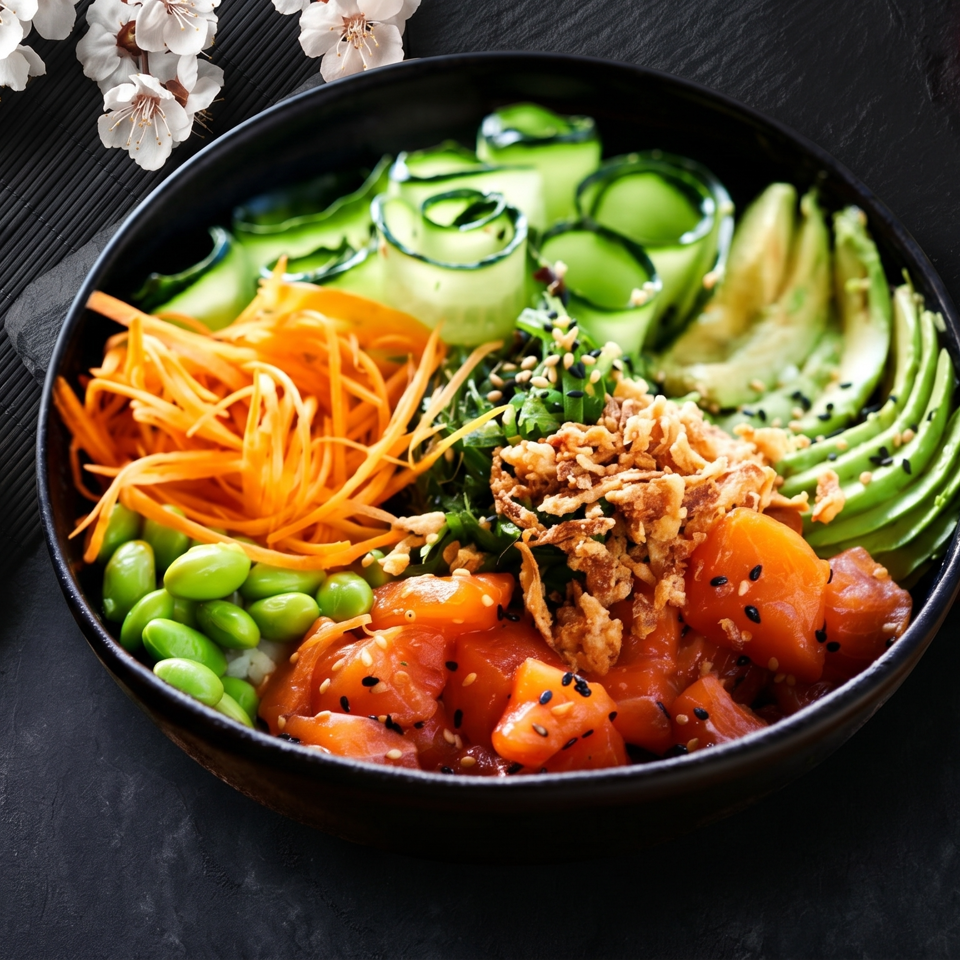 Colorful poke bowl with salmon, avocado, cucumber, carrots, edamame, and crispy onions.