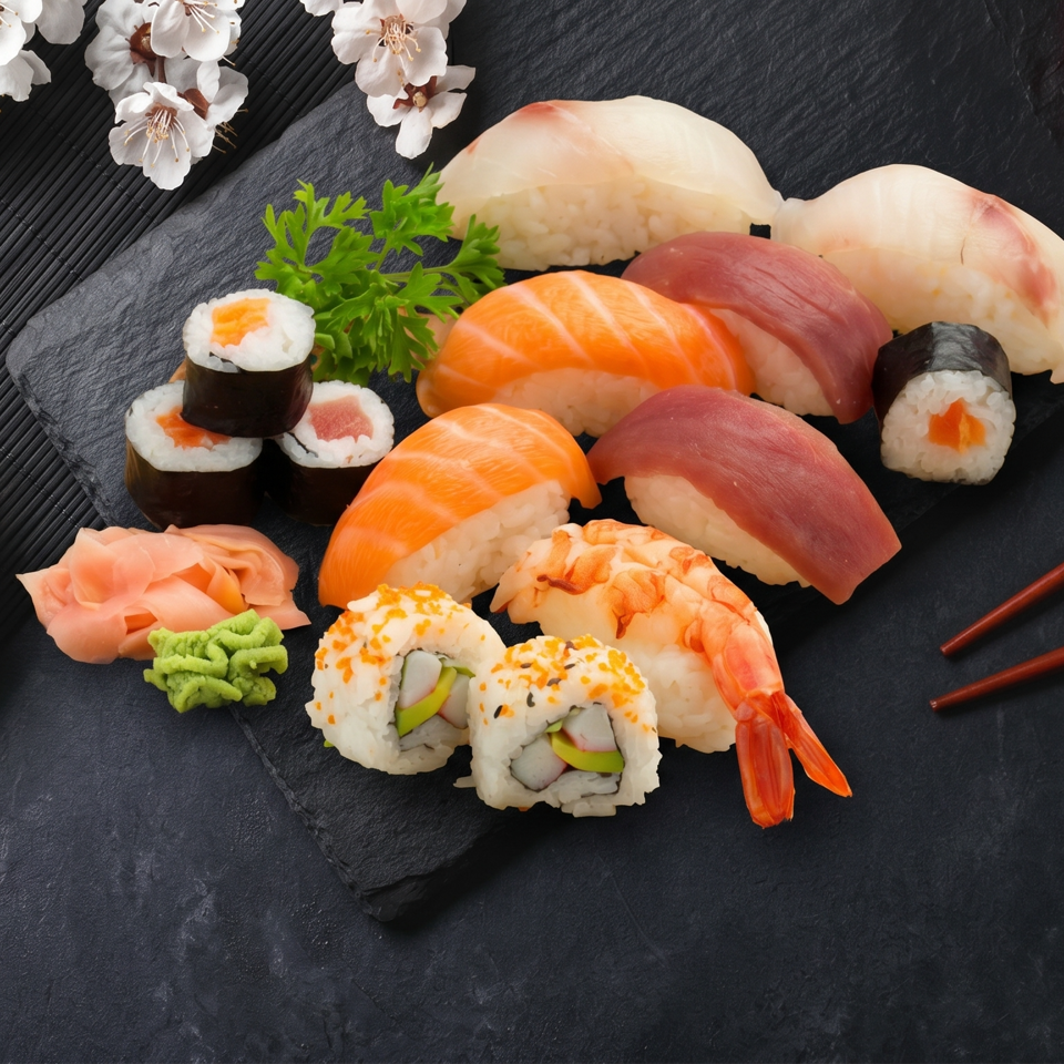 Assorted sushi and sashimi platter with soy sauce, ginger, wasabi, and chopsticks on a dark mat.